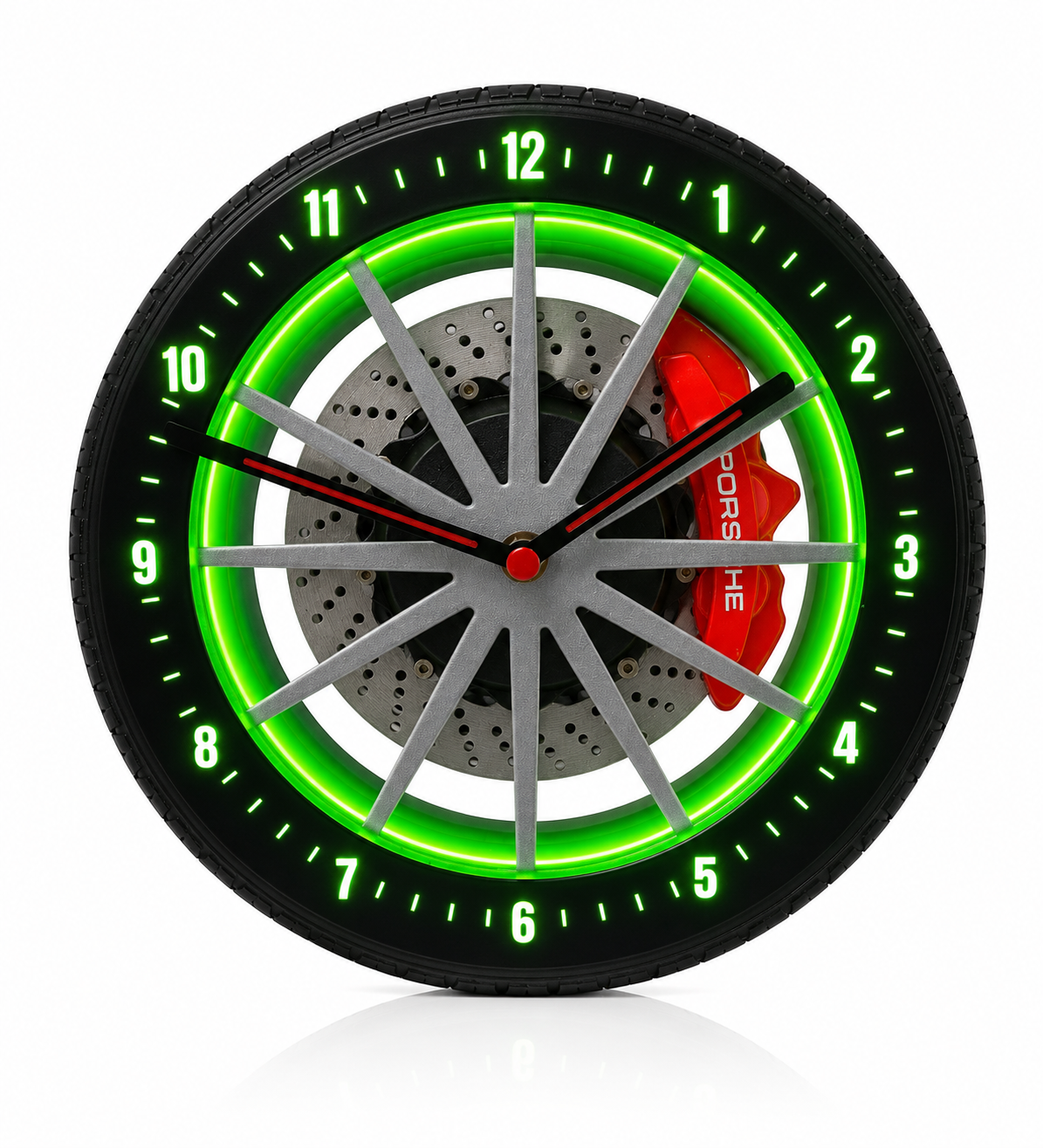 led Alloy Wheel Clock – Automotive Rim Style Wall Clock with Brake Disc Lamp & Caliper Design, Silent Quartz Movement, Car Enthusiast Home & Garage Decor