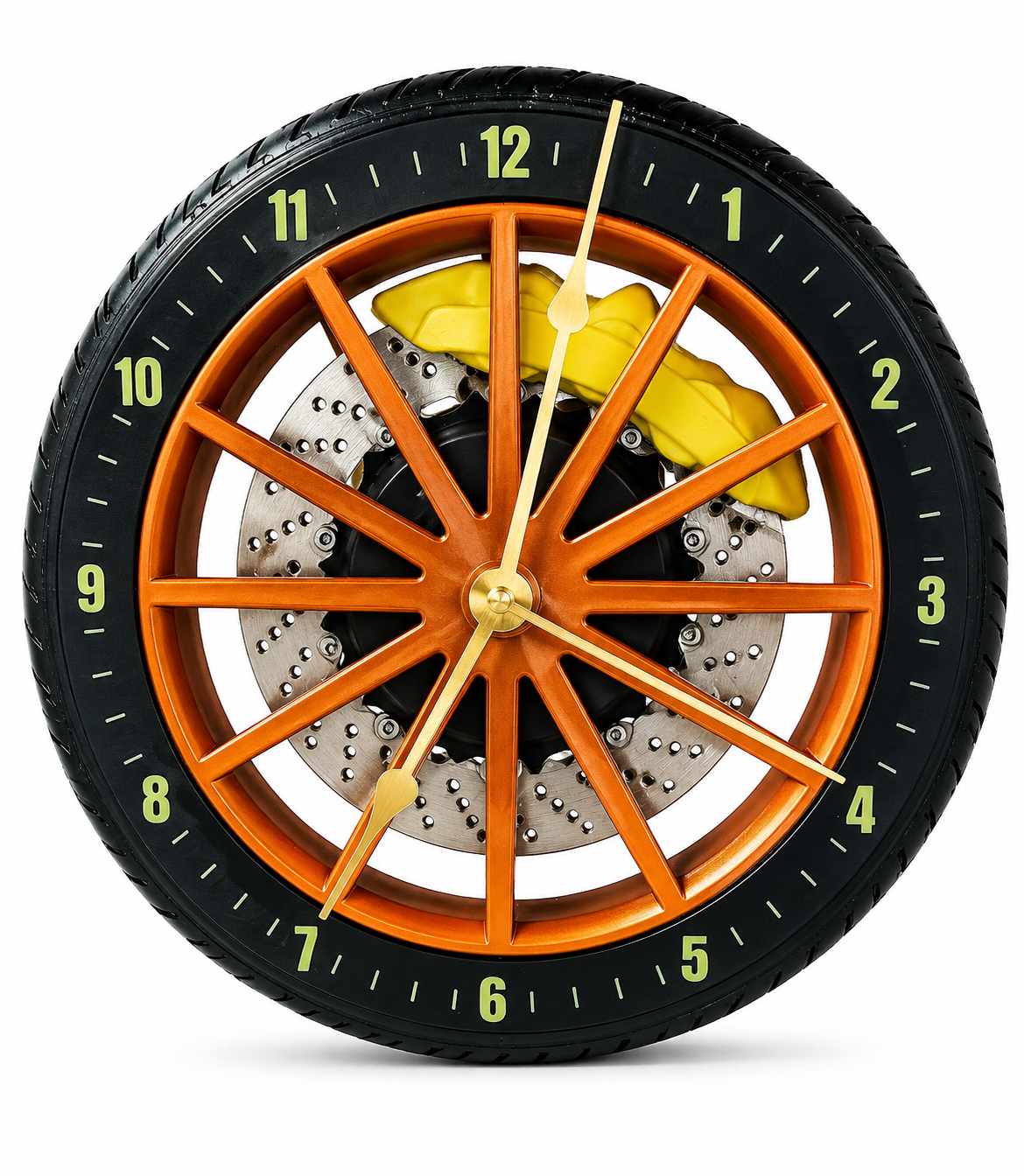 led Alloy Wheel Clock – Automotive Rim Style Wall Clock with Brake Disc Lamp & Caliper Design, Silent Quartz Movement, Car Enthusiast Home & Garage Decor