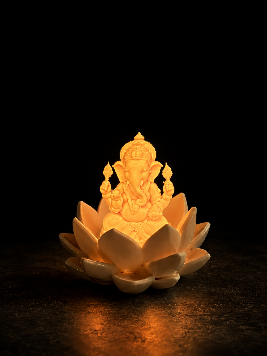 Glowing Ganesha Idol on Lotus, Lord Ganesh Statue for Home Decor, Puja Room, Office Desk, Car Dashboard, 2.55 Inches