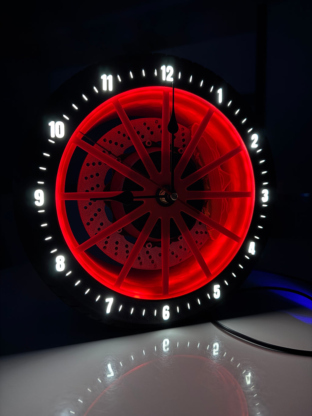 led Alloy Wheel Clock – Automotive Rim Style Wall Clock with Brake Disc Lamp & Caliper Design, Silent Quartz Movement, Car Enthusiast Home & Garage Decor